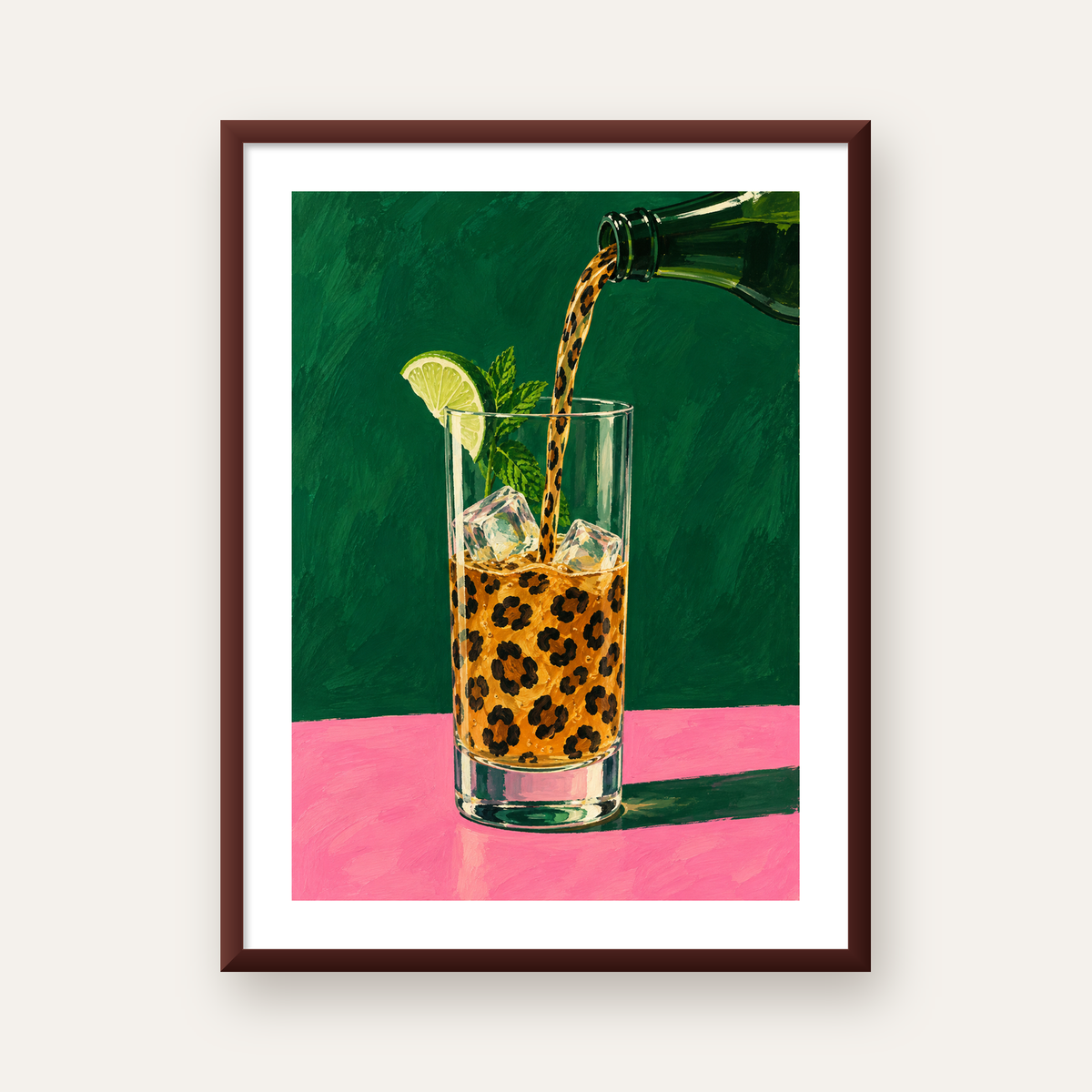 Leopar Desenli Limonlu İçecek Poster – Canlı Akrilik Sanat — ceviz çerçeveli paspartulu