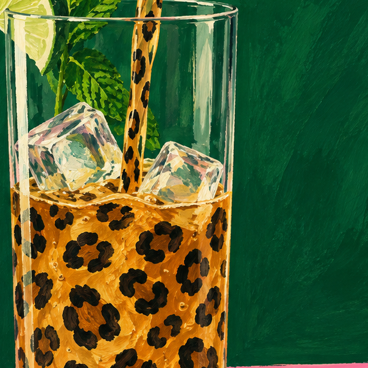 Leopar Desenli Limonlu İçecek Poster – Canlı Akrilik Sanat — baskının yakın çekimi, kâğıt dokusu ve renk detayı
