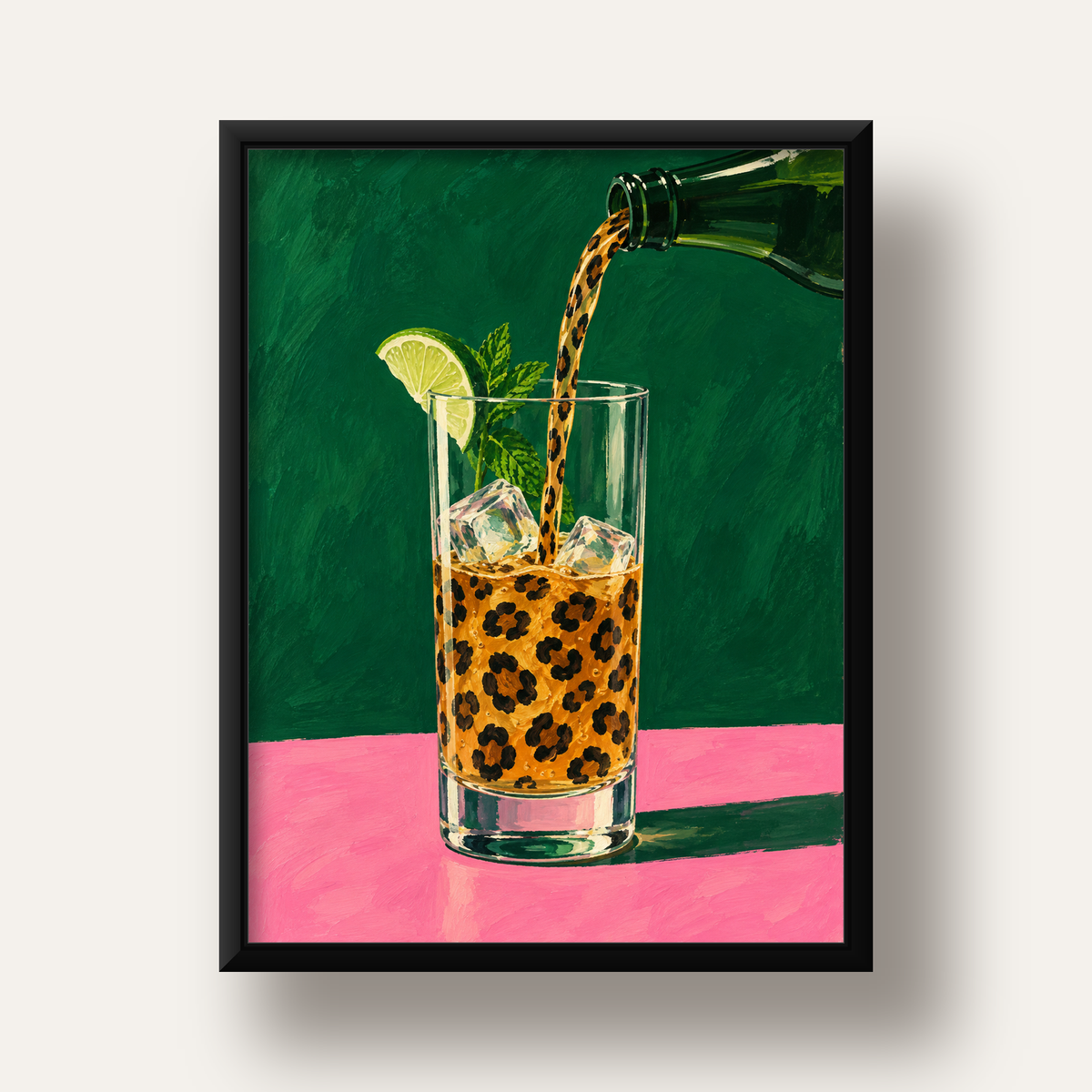 Leopar Desenli Limonlu İçecek Poster – Canlı Akrilik Sanat — siyah derin çerçeveli
