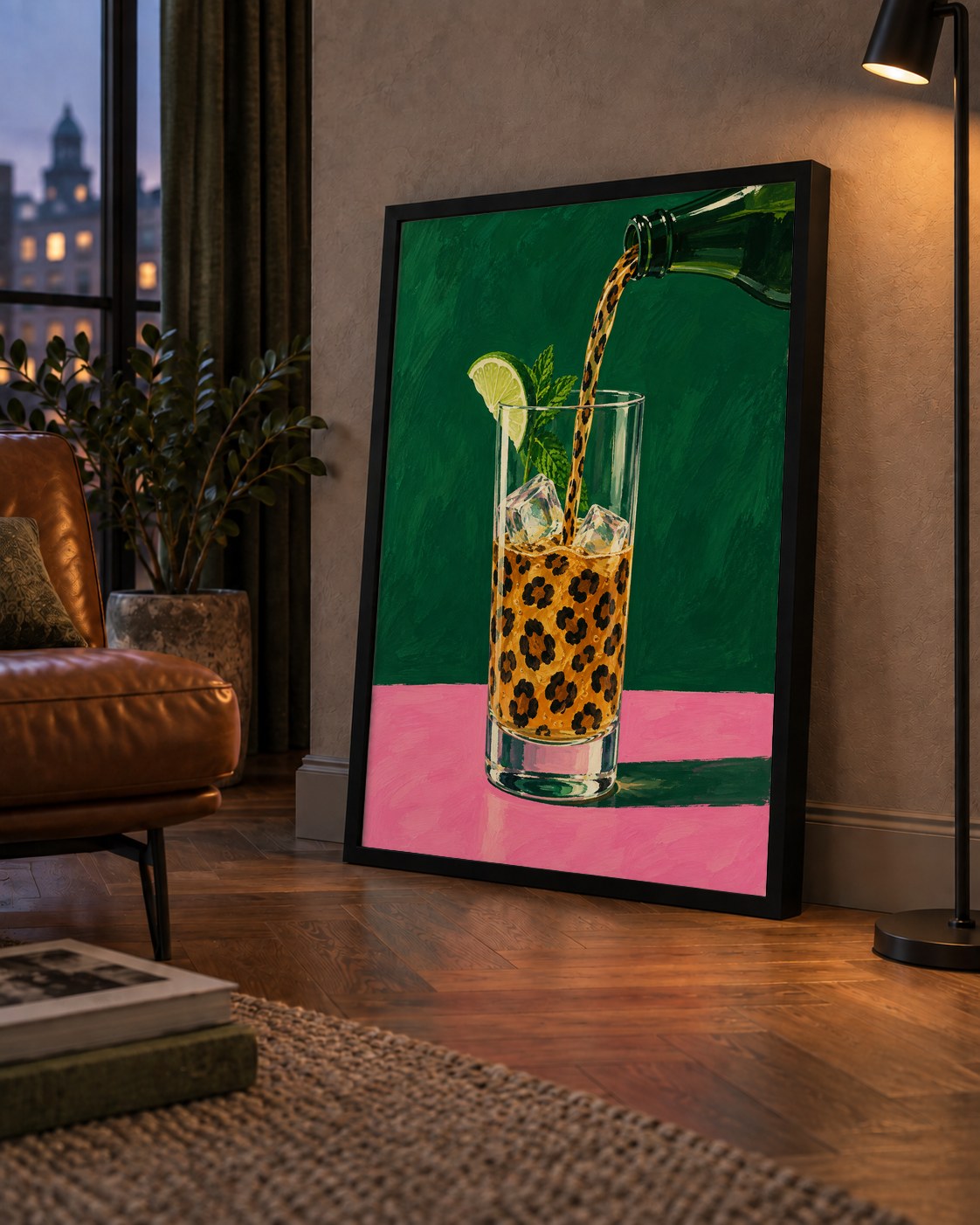 Leopar Desenli Limonlu İçecek Poster – Canlı Akrilik Sanat — çerçeveli hâliyle bir ev duvarında