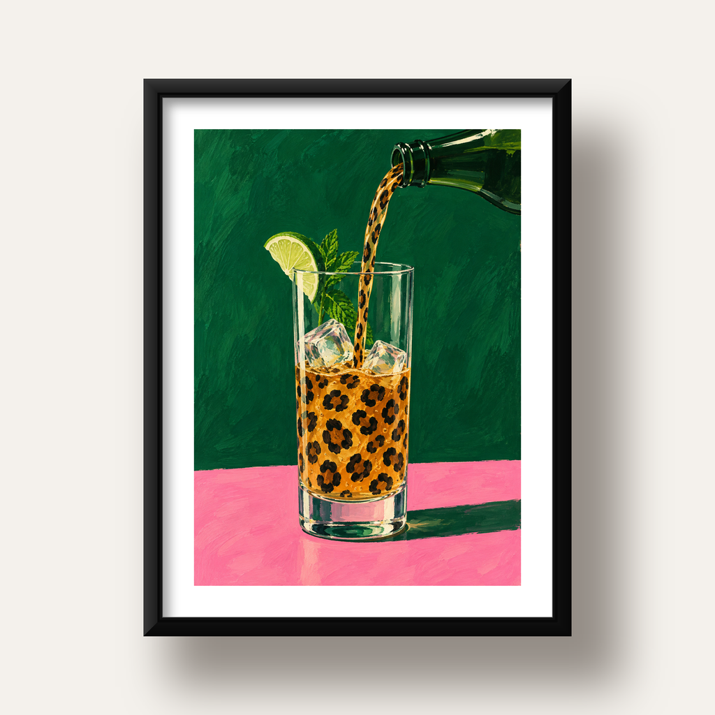 Leopar Desenli Limonlu İçecek Poster – Canlı Akrilik Sanat — siyah derin çerçeveli paspartulu