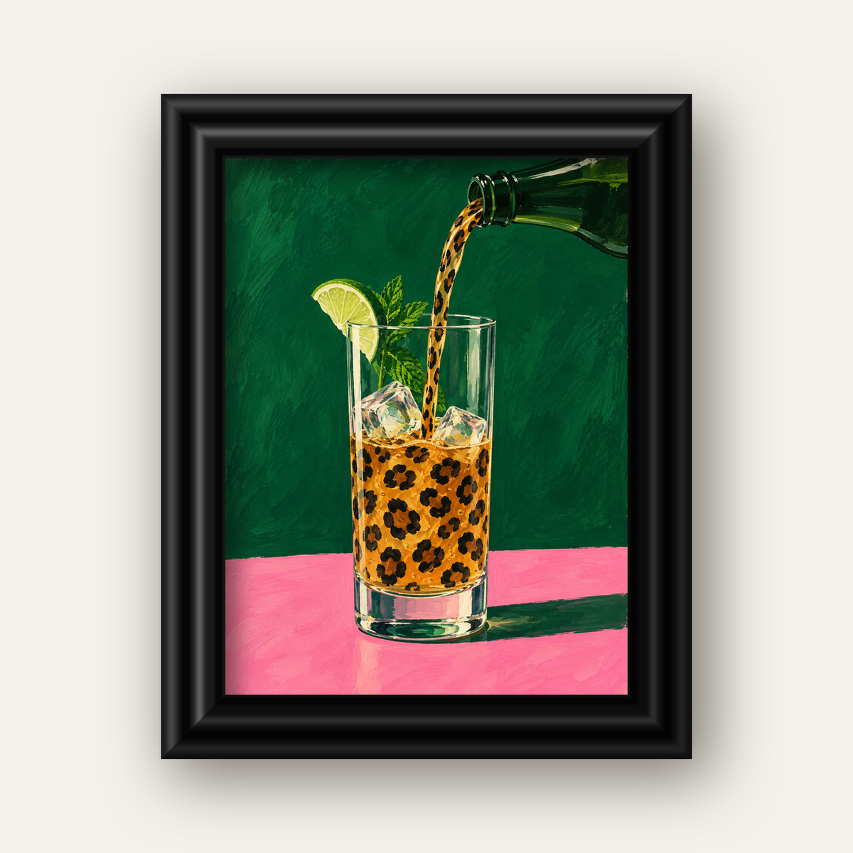 Leopar Desenli Limonlu İçecek Poster – Canlı Akrilik Sanat — siyah galeri çerçeveli