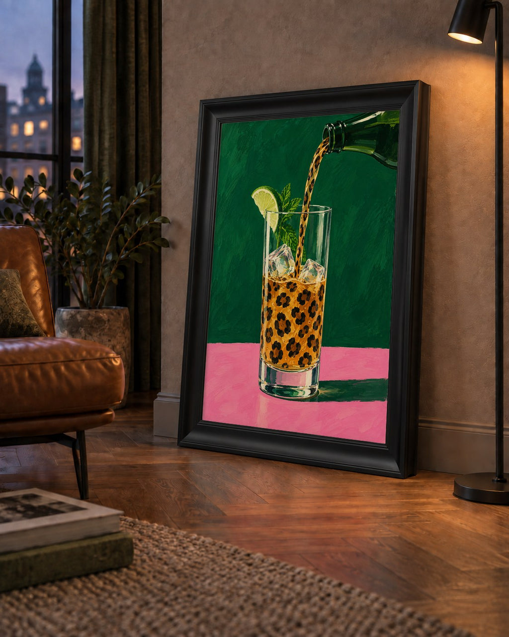 Leopar Desenli Limonlu İçecek Poster – Canlı Akrilik Sanat — çerçeveli hâliyle bir ev duvarında