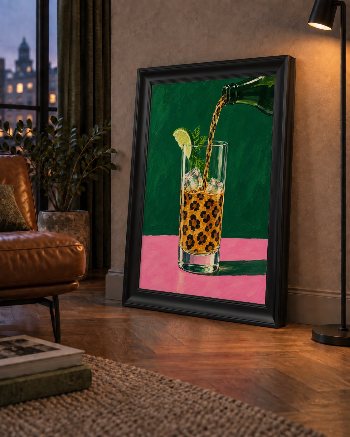 Leopar Desenli Limonlu İçecek Poster – Canlı Akrilik Sanat — çerçeveli hâliyle bir ev duvarında