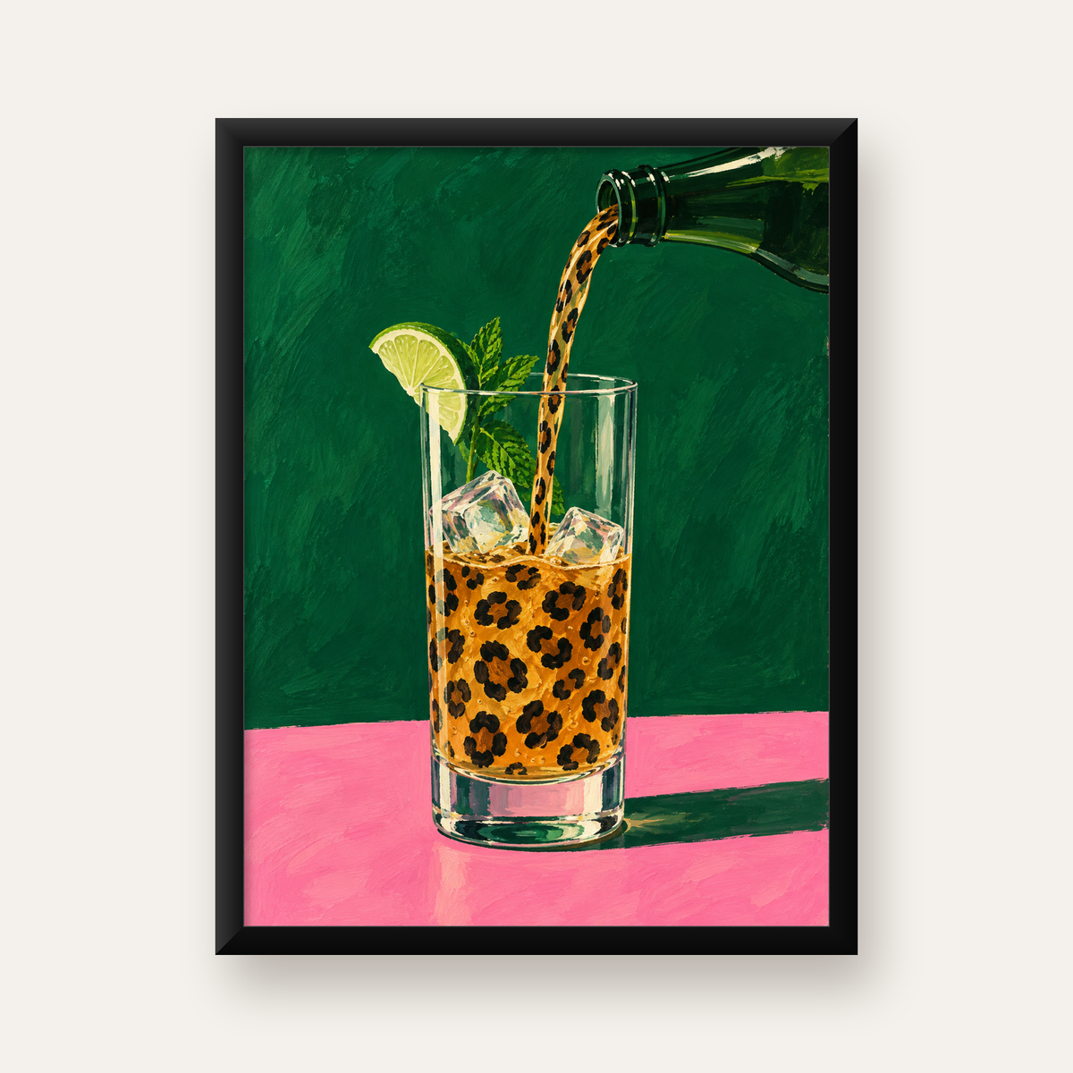 Leopar Desenli Limonlu İçecek Poster – Canlı Akrilik Sanat — Dikey baskı, düz siyah çerçeveli duvar posteri