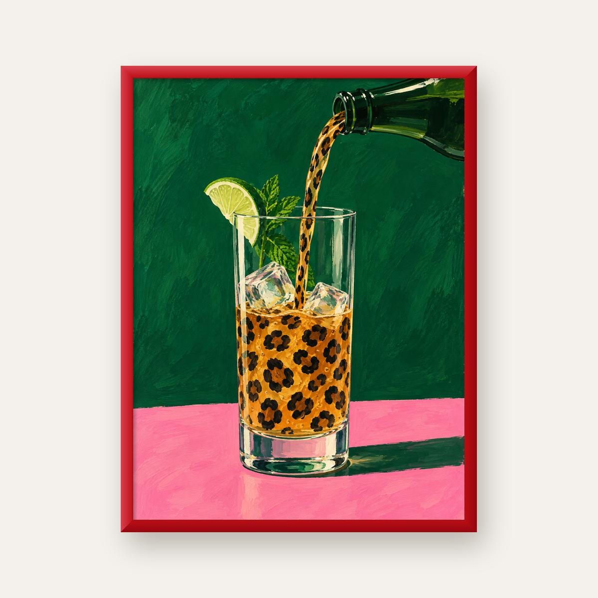 Leopar Desenli Limonlu İçecek Poster – Canlı Akrilik Sanat — kırmızı çerçeveli