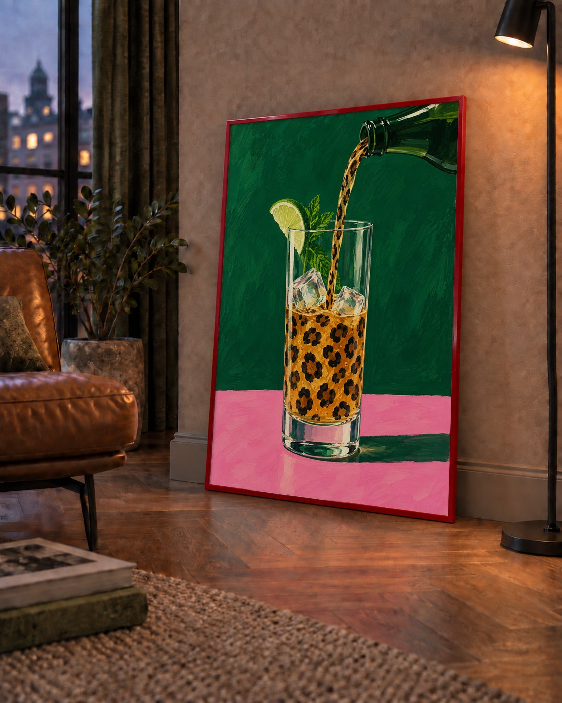 Leopar Desenli Limonlu İçecek Poster – Canlı Akrilik Sanat — çerçeveli hâliyle bir ev duvarında