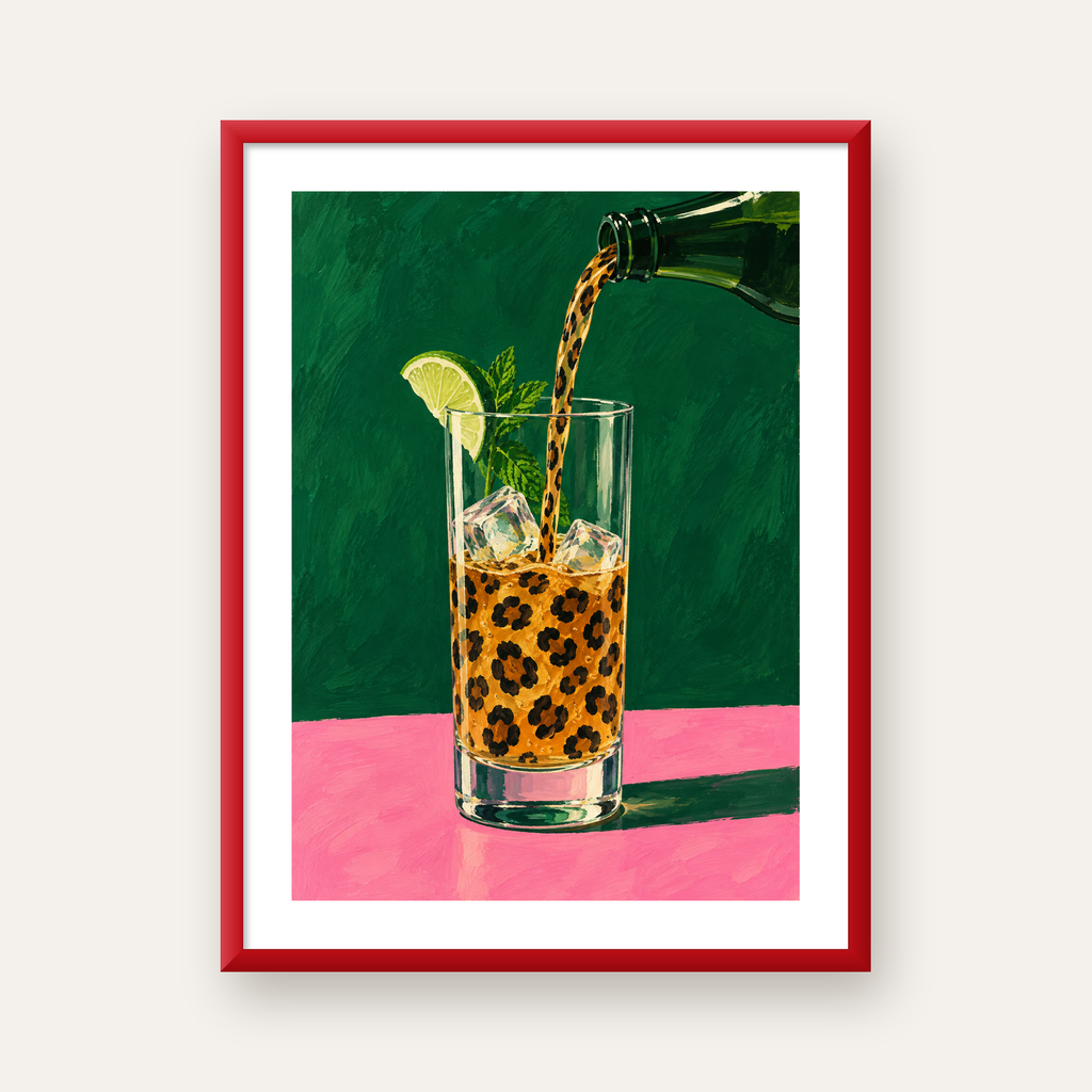 Leopar Desenli Limonlu İçecek Poster – Canlı Akrilik Sanat — kırmızı çerçeveli paspartulu