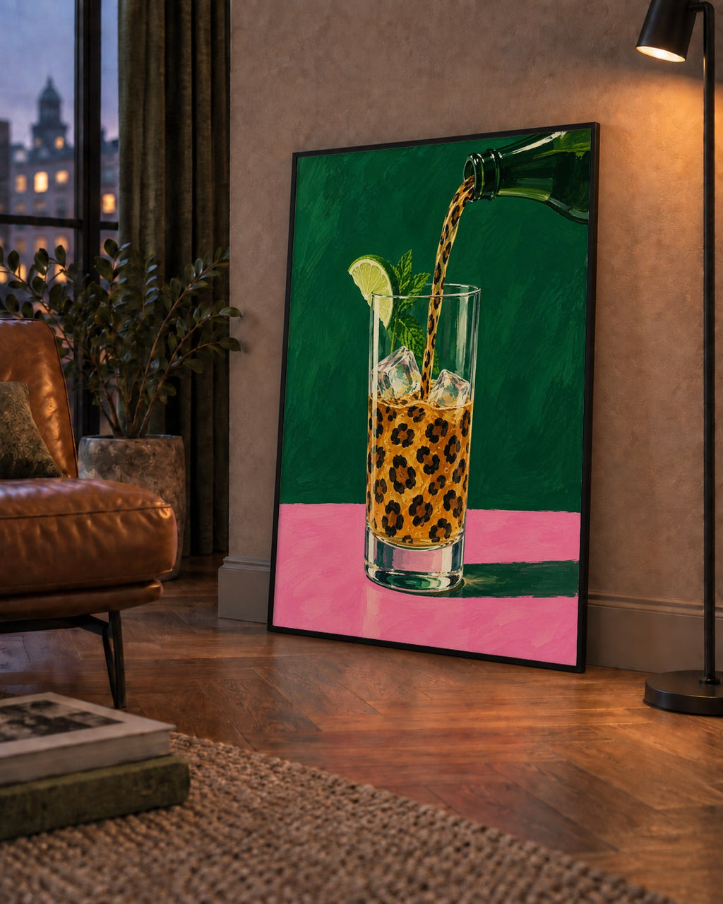 Leopar Desenli Limonlu İçecek Poster – Canlı Akrilik Sanat — çerçeveli hâliyle bir ev duvarında