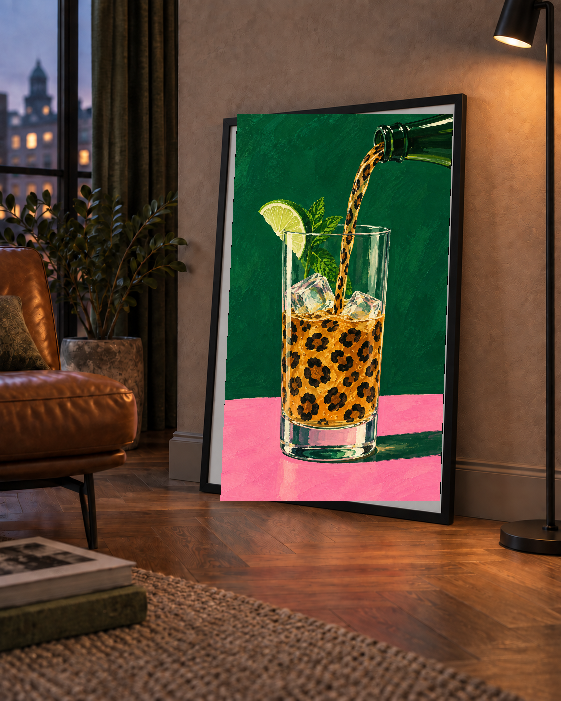 Leopar Desenli Limonlu İçecek Poster – Canlı Akrilik Sanat