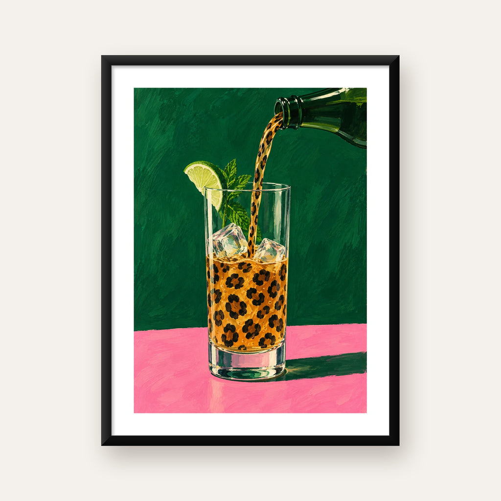 Leopar Desenli Limonlu İçecek Poster – Canlı Akrilik Sanat — Dikey baskı, beyaz paspartulu