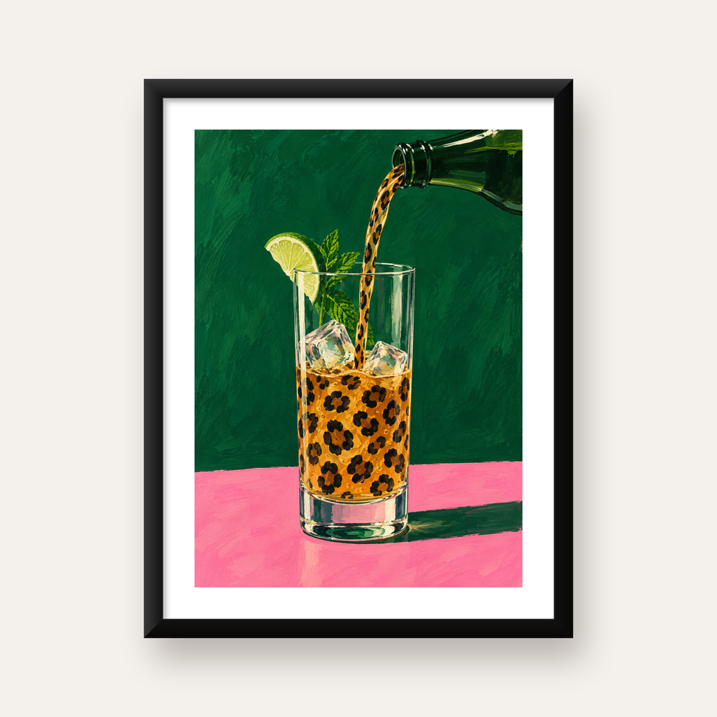 Leopar Desenli Limonlu İçecek Poster – Canlı Akrilik Sanat — Dikey baskı, beyaz paspartulu