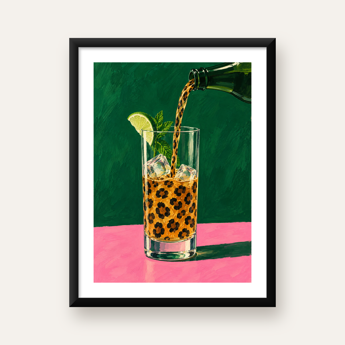 Leopar Desenli Limonlu İçecek Poster – Canlı Akrilik Sanat — Dikey baskı, beyaz paspartulu