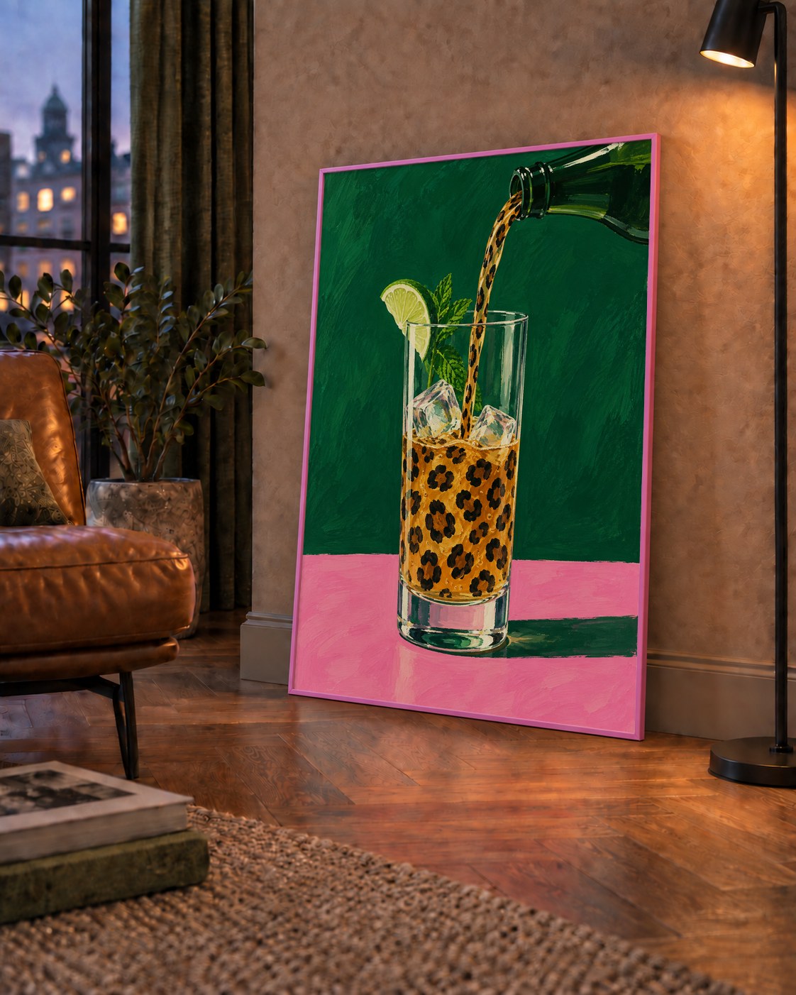 Leopar Desenli Limonlu İçecek Poster – Canlı Akrilik Sanat — çerçeveli hâliyle bir ev duvarında