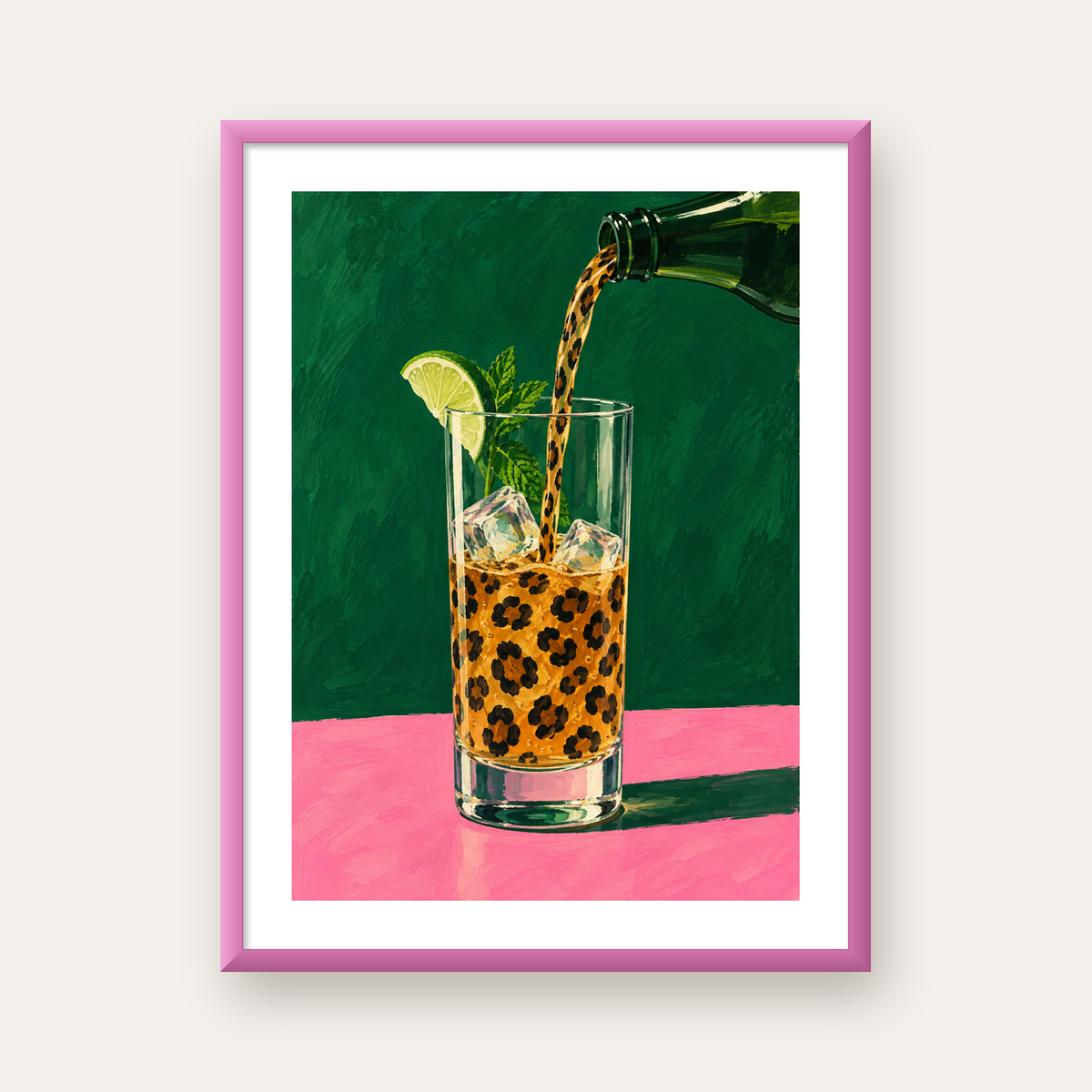 Leopar Desenli Limonlu İçecek Poster – Canlı Akrilik Sanat — pembe çerçeveli paspartulu
