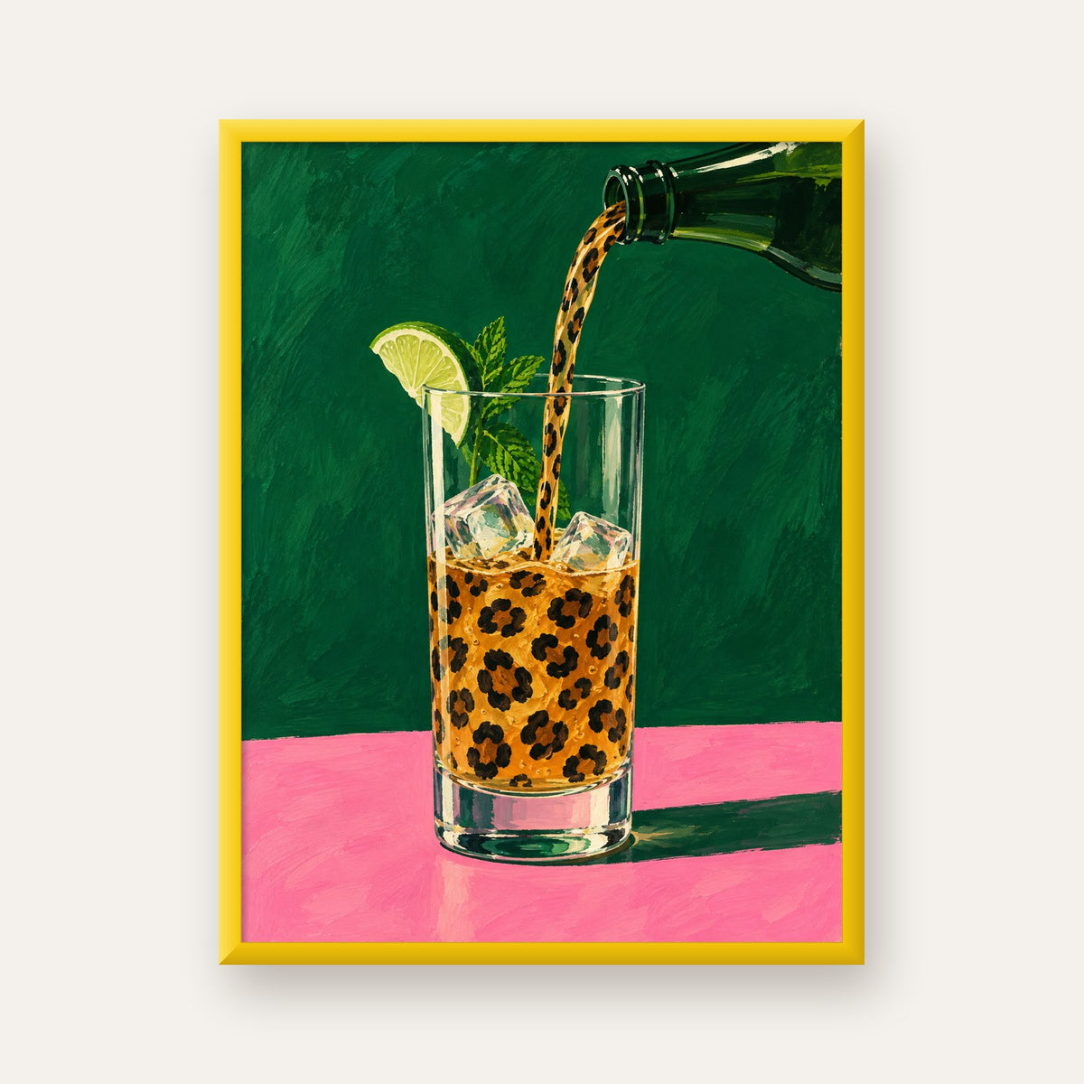 Leopar Desenli Limonlu İçecek Poster – Canlı Akrilik Sanat — sarı çerçeveli