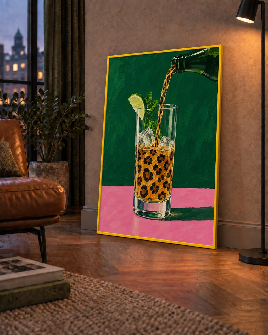 Leopar Desenli Limonlu İçecek Poster – Canlı Akrilik Sanat — çerçeveli hâliyle bir ev duvarında