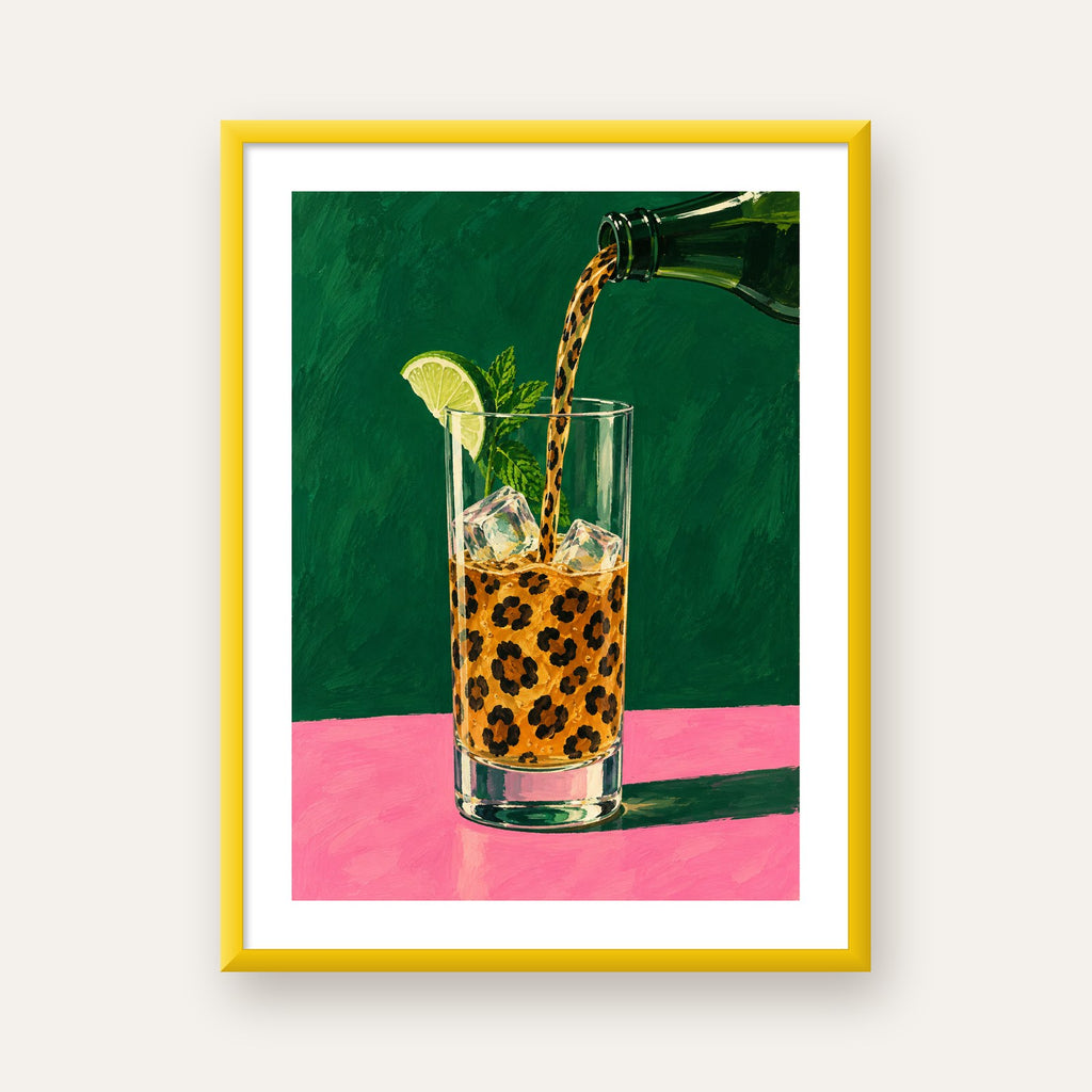 Leopar Desenli Limonlu İçecek Poster – Canlı Akrilik Sanat — sarı çerçeveli paspartulu