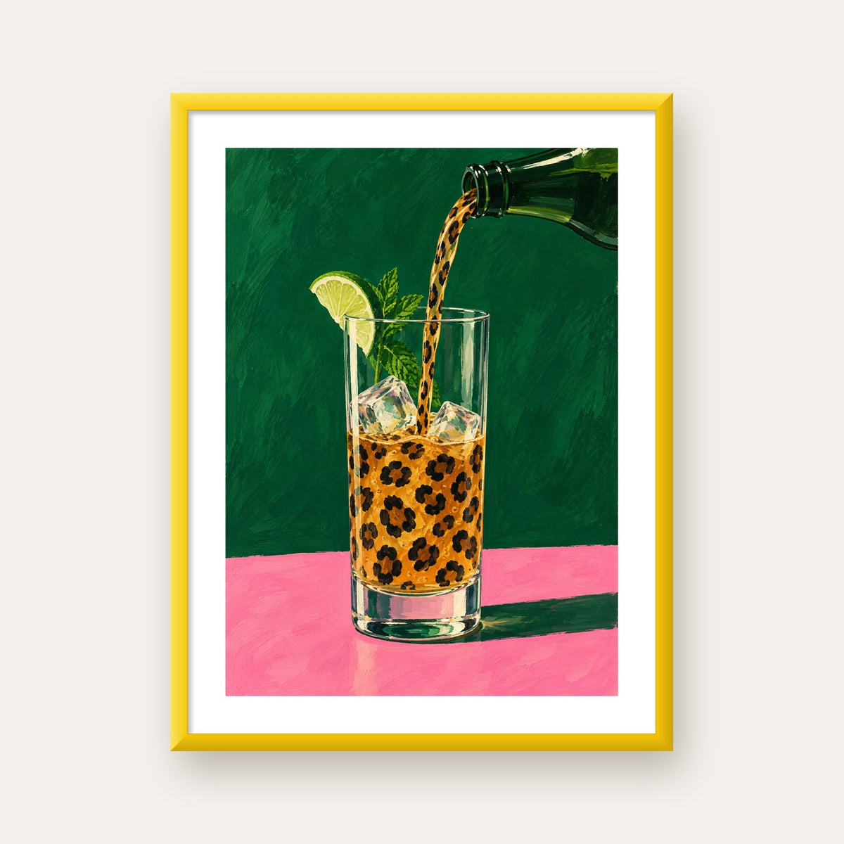 Leopar Desenli Limonlu İçecek Poster – Canlı Akrilik Sanat — sarı çerçeveli paspartulu