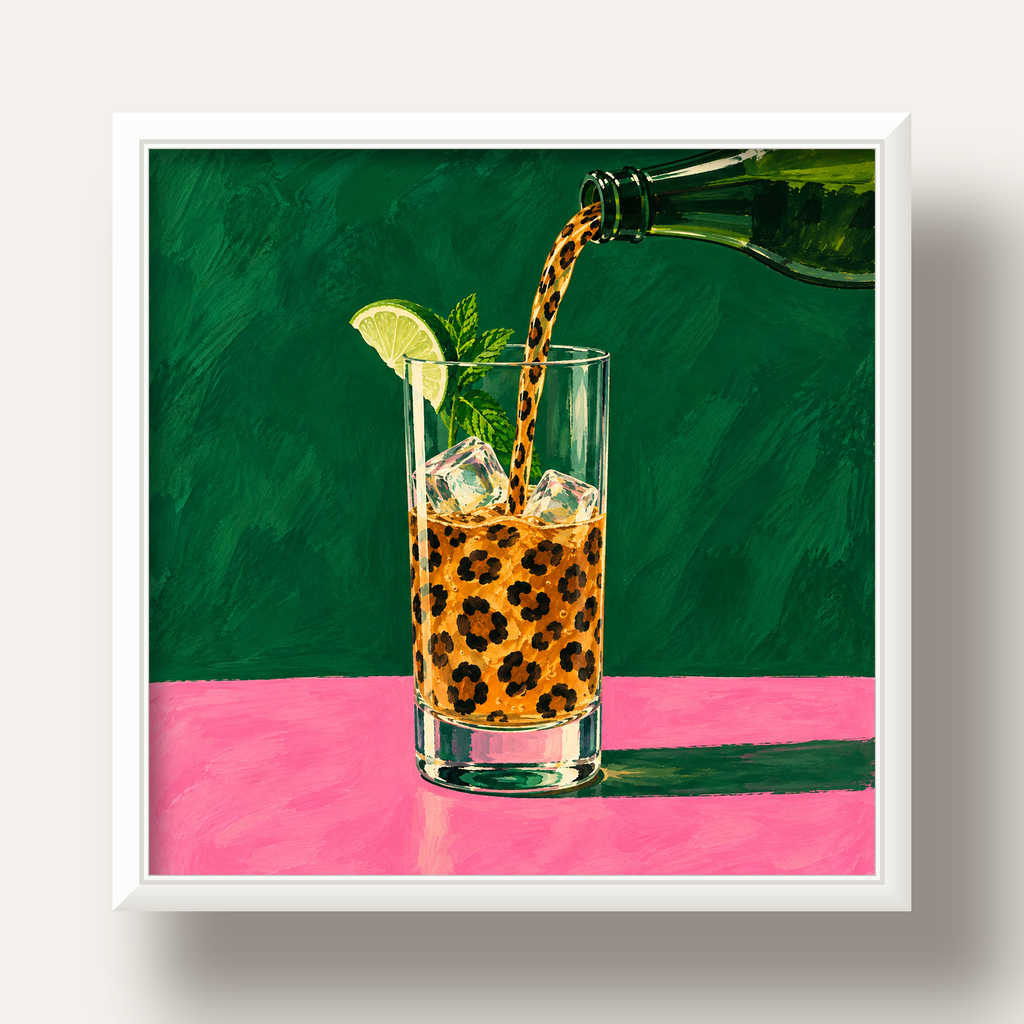 Leopar Desenli Limonlu İçecek Poster – Canlı Akrilik Sanat — beyaz derin çerçeveli