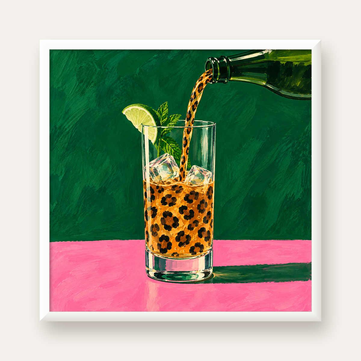 Leopar Desenli Limonlu İçecek Poster – Canlı Akrilik Sanat — beyaz çerçeveli kare poster