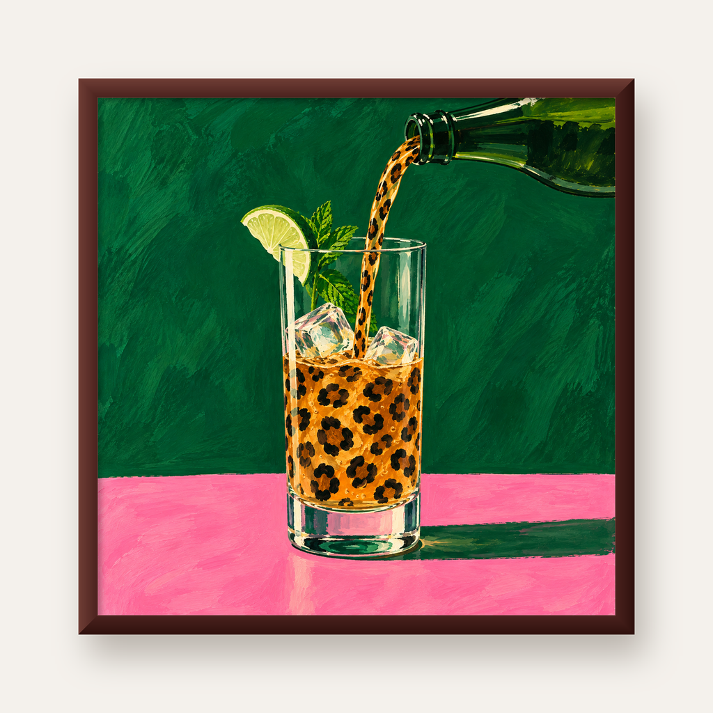 Leopar Desenli Limonlu İçecek Poster – Canlı Akrilik Sanat — ceviz çerçeveli