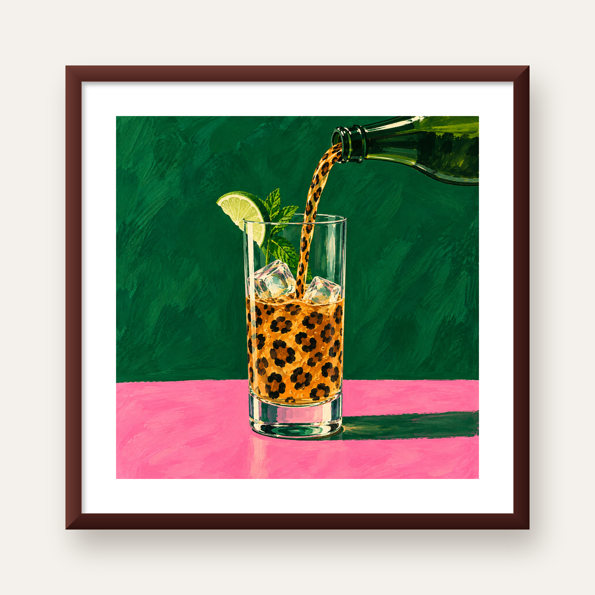 Leopar Desenli Limonlu İçecek Poster – Canlı Akrilik Sanat — ceviz çerçeveli paspartulu