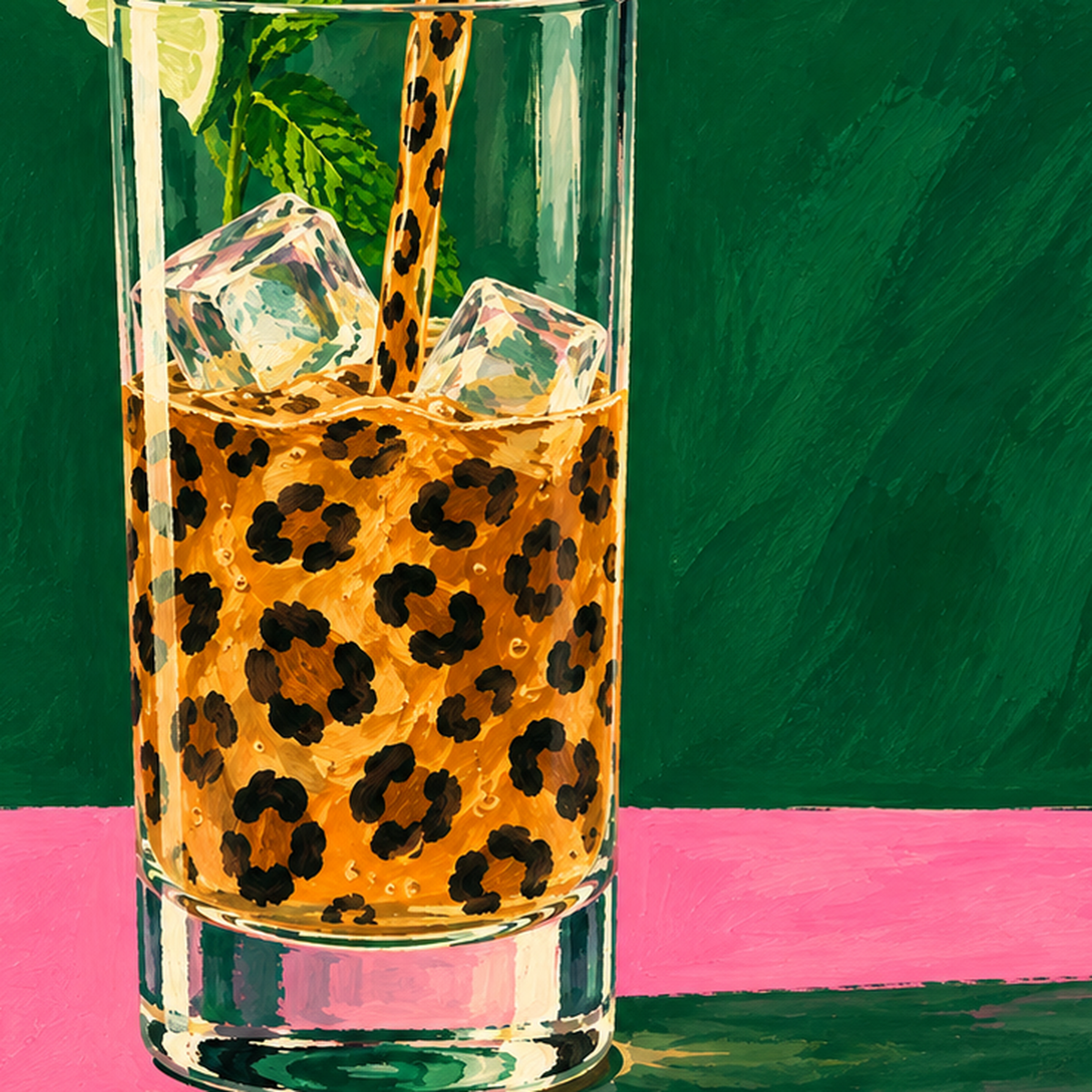 Leopar Desenli Limonlu İçecek Poster – Canlı Akrilik Sanat — baskının yakın çekimi, kâğıt dokusu ve renk detayı