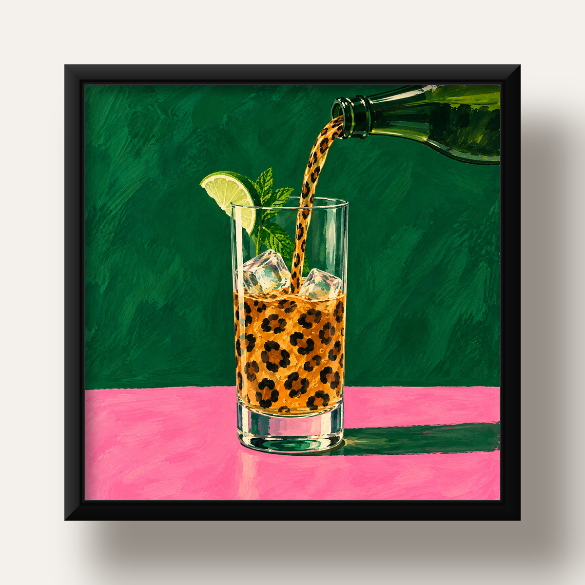 Leopar Desenli Limonlu İçecek Poster – Canlı Akrilik Sanat — siyah derin çerçeveli