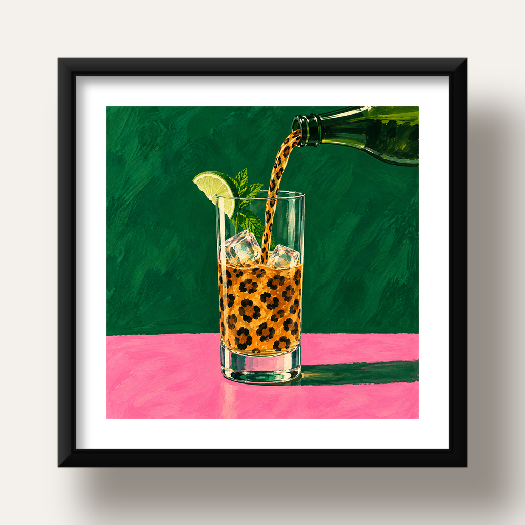 Leopar Desenli Limonlu İçecek Poster – Canlı Akrilik Sanat — siyah derin çerçeveli paspartulu