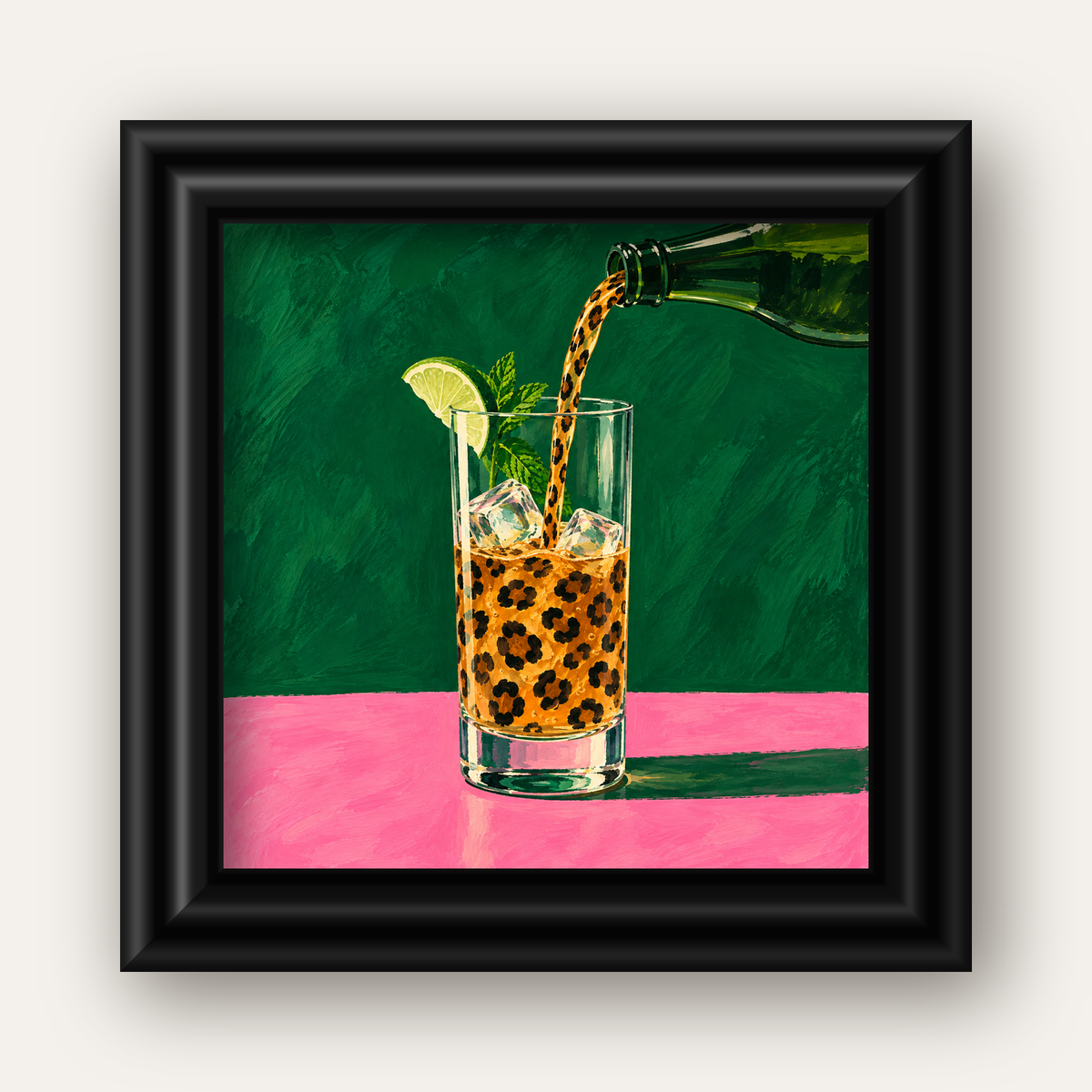 Leopar Desenli Limonlu İçecek Poster – Canlı Akrilik Sanat — siyah galeri çerçeveli