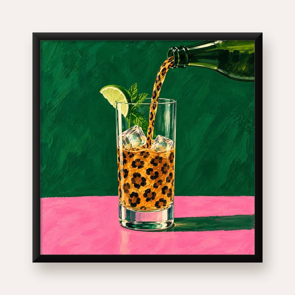 Leopar Desenli Limonlu İçecek Poster – Canlı Akrilik Sanat — Kare baskı, düz siyah çerçeveli duvar posteri