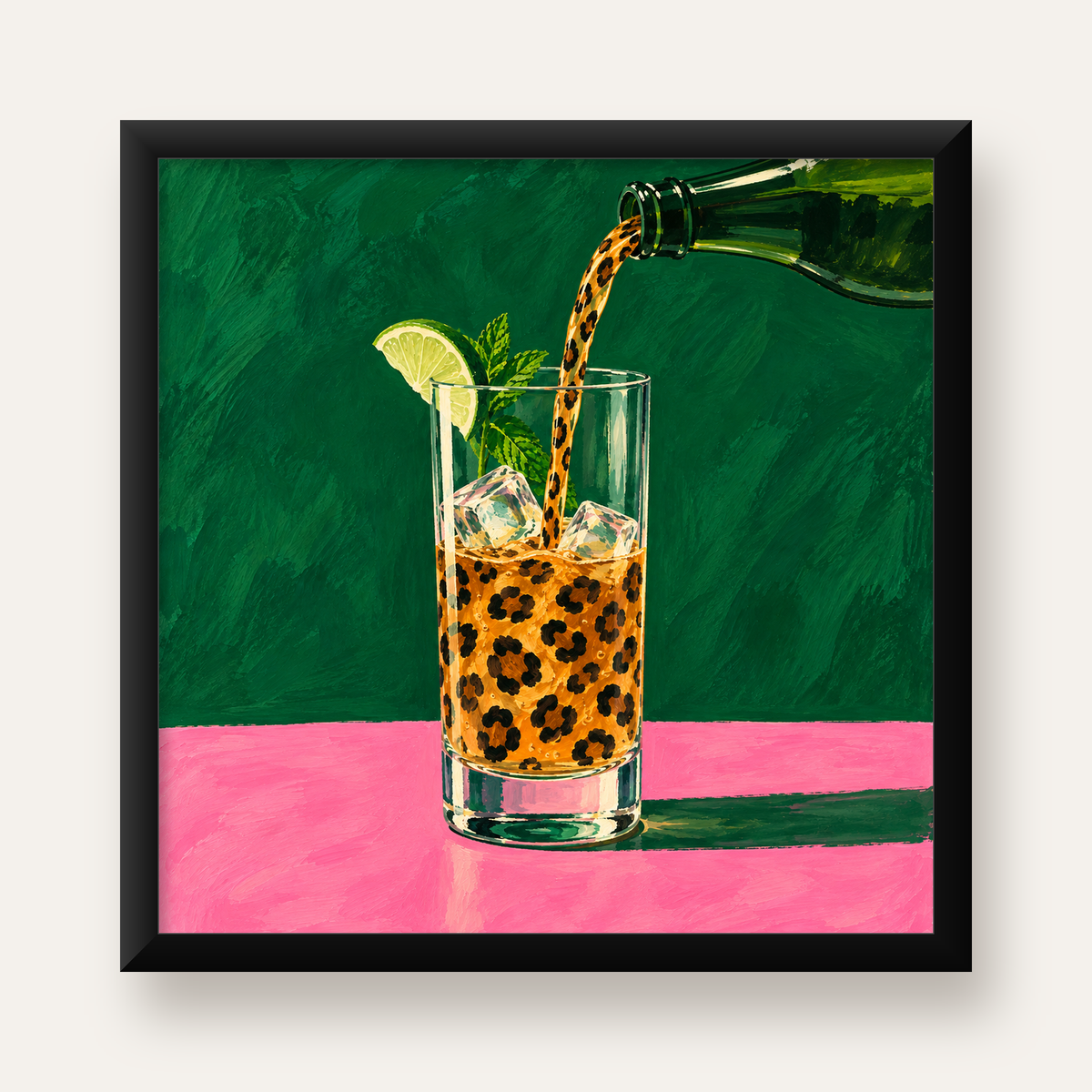 Leopar Desenli Limonlu İçecek Poster – Canlı Akrilik Sanat — Kare baskı, düz siyah çerçeveli duvar posteri
