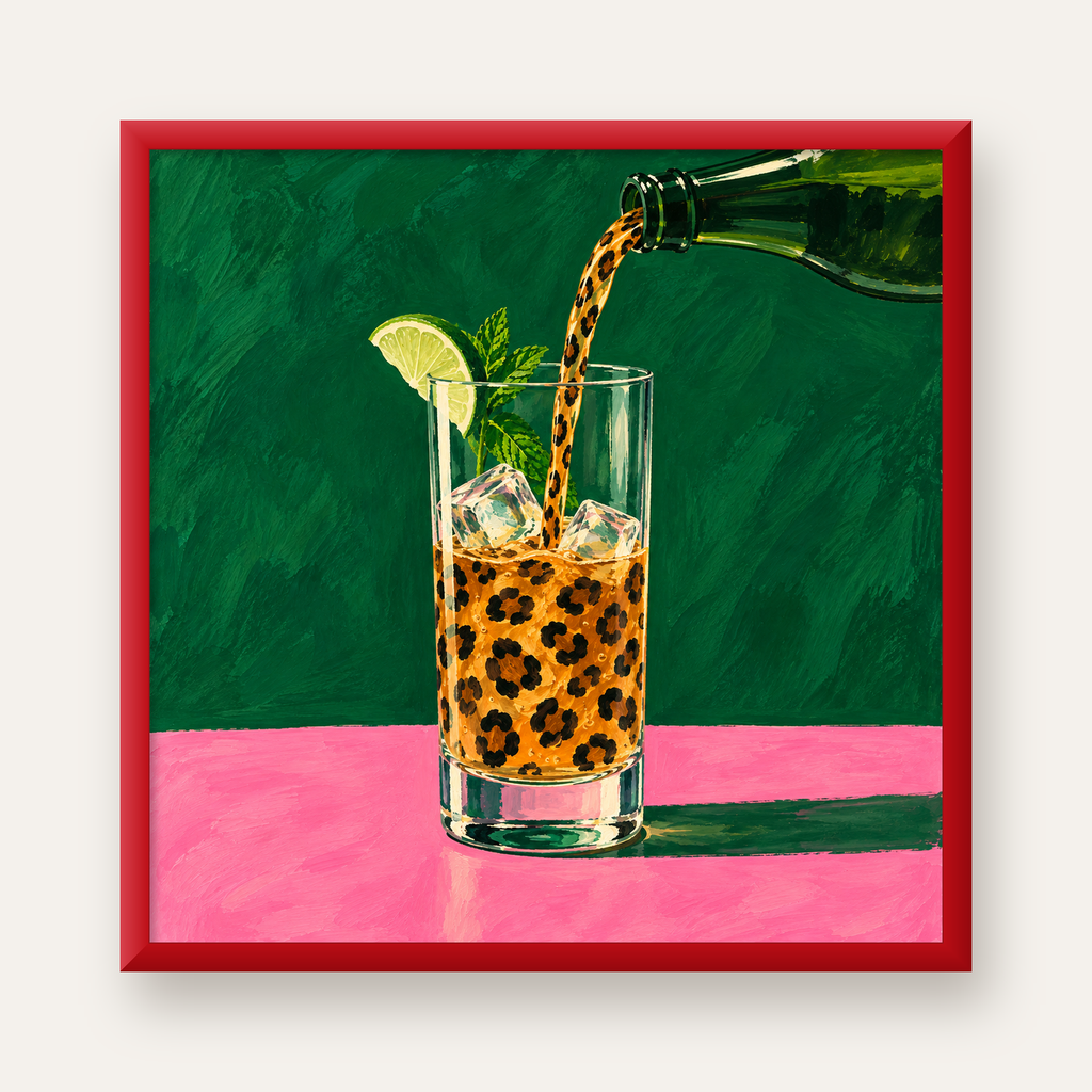 Leopar Desenli Limonlu İçecek Poster – Canlı Akrilik Sanat — kırmızı çerçeveli