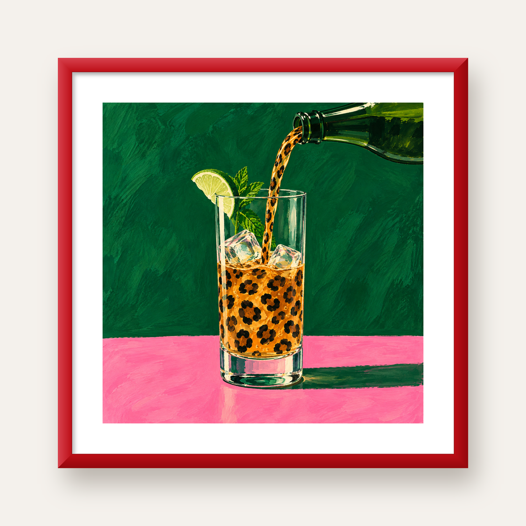Leopar Desenli Limonlu İçecek Poster – Canlı Akrilik Sanat — kırmızı çerçeveli paspartulu