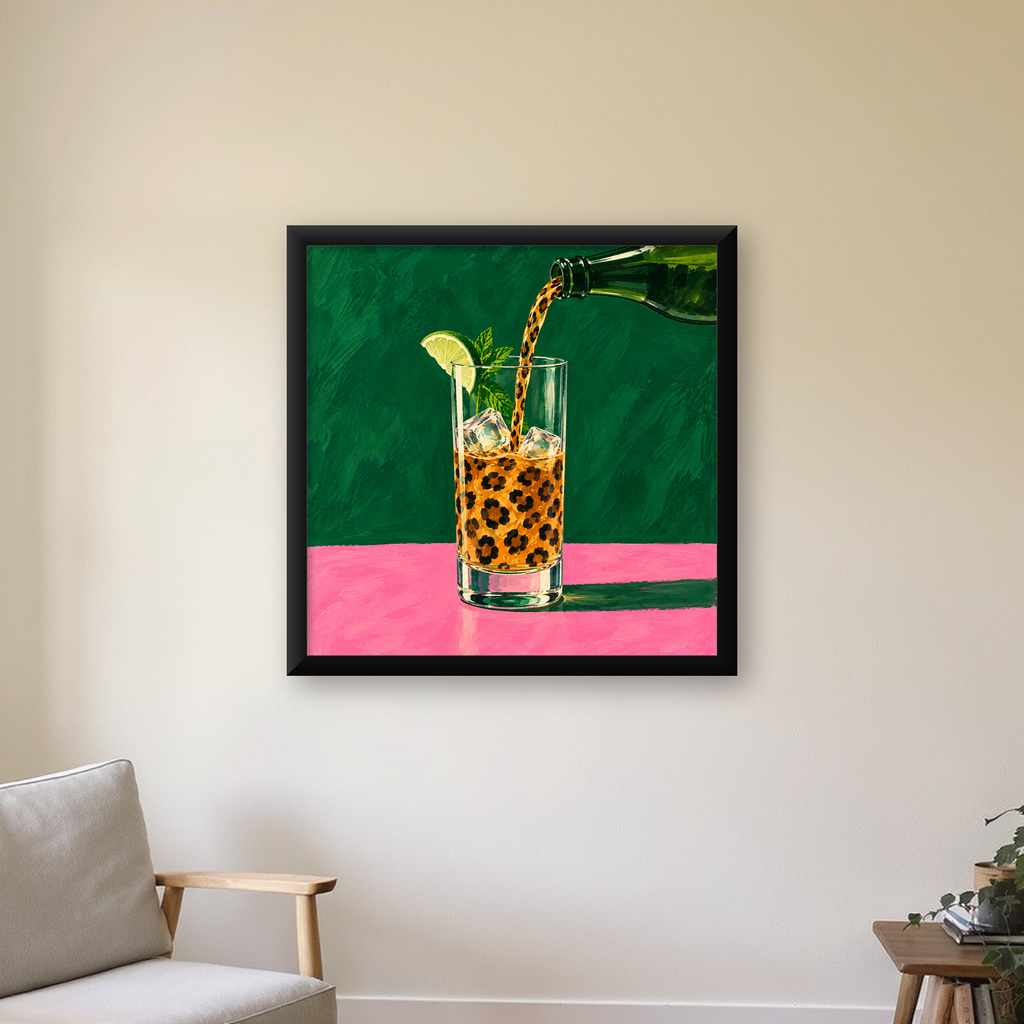 Leopar Desenli Limonlu İçecek Poster – Canlı Akrilik Sanat — Kare baskı, çerçeveli hâliyle bir ev duvarında