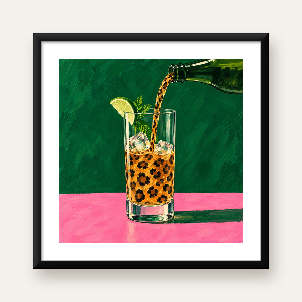 Leopar Desenli Limonlu İçecek Poster – Canlı Akrilik Sanat — Kare baskı, beyaz paspartulu