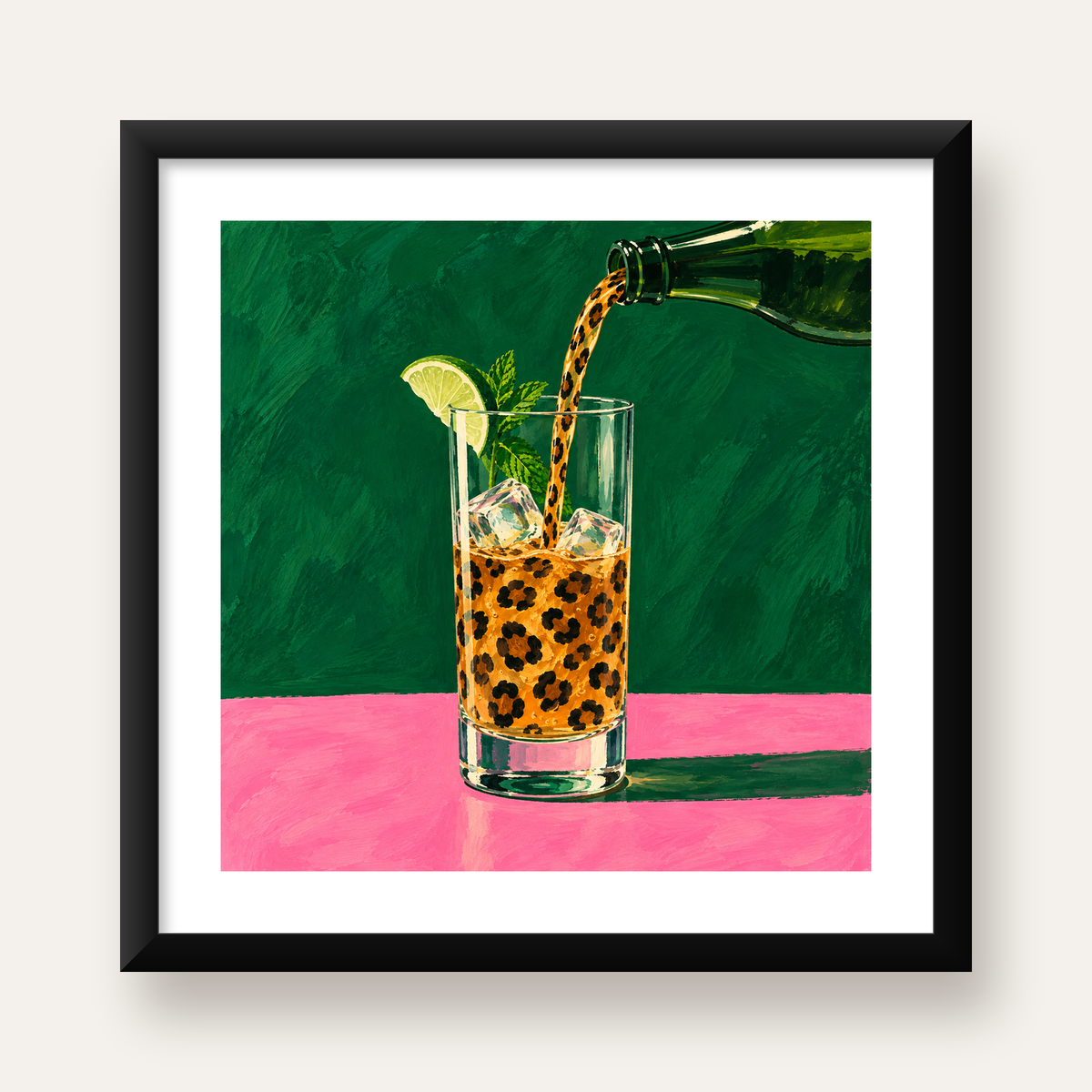 Leopar Desenli Limonlu İçecek Poster – Canlı Akrilik Sanat — Kare baskı, beyaz paspartulu