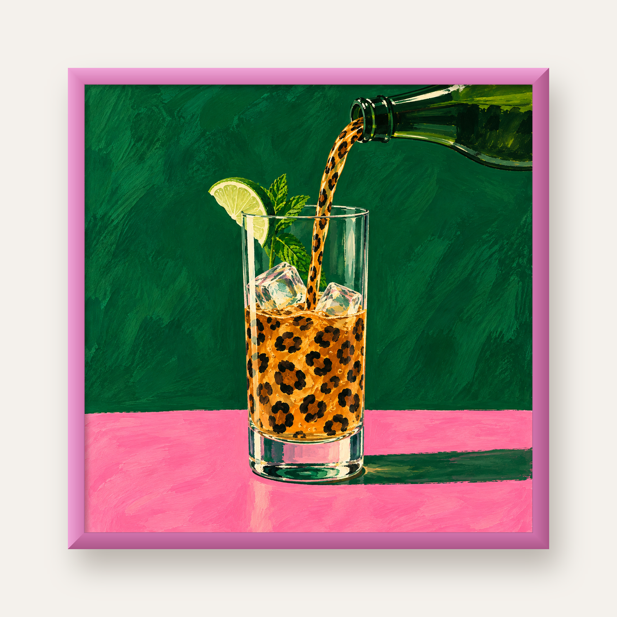 Leopar Desenli Limonlu İçecek Poster – Canlı Akrilik Sanat — pembe çerçeveli