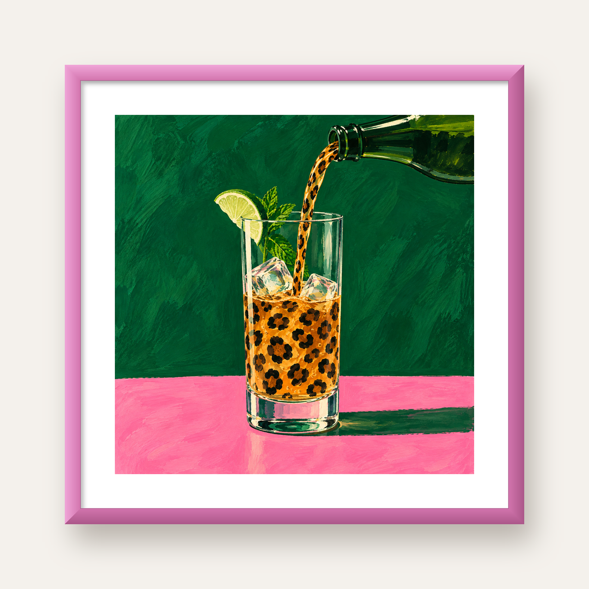 Leopar Desenli Limonlu İçecek Poster – Canlı Akrilik Sanat — pembe çerçeveli paspartulu