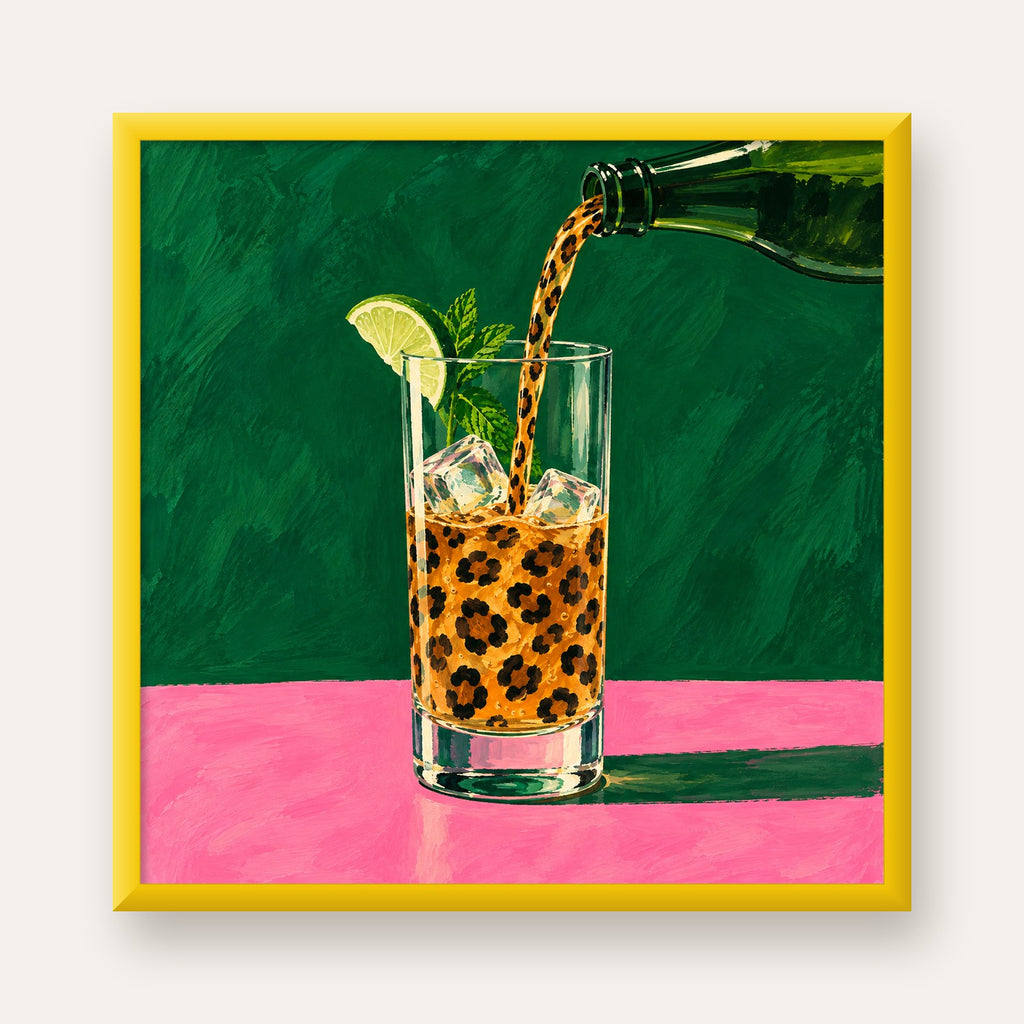 Leopar Desenli Limonlu İçecek Poster – Canlı Akrilik Sanat — sarı çerçeveli