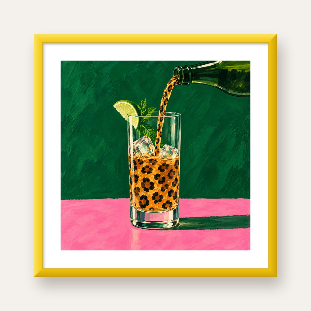 Leopar Desenli Limonlu İçecek Poster – Canlı Akrilik Sanat — sarı çerçeveli paspartulu