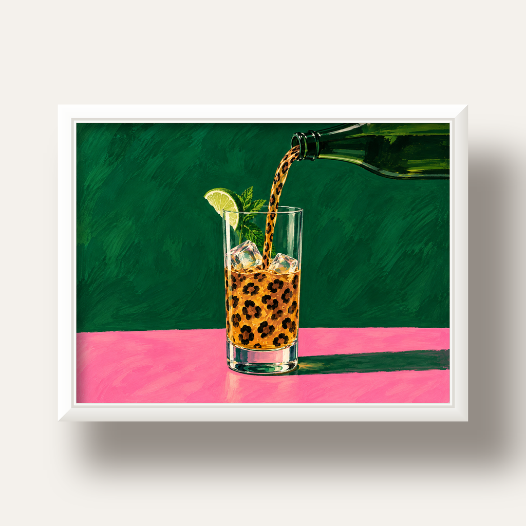 Leopar Desenli Limonlu İçecek Poster – Canlı Akrilik Sanat — beyaz derin çerçeveli
