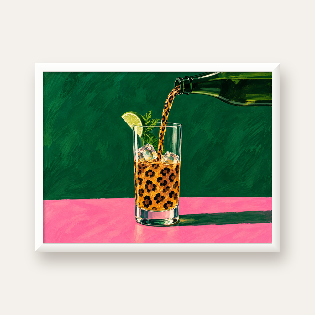 Leopar Desenli Limonlu İçecek Poster – Canlı Akrilik Sanat — beyaz çerçeveli yatay poster