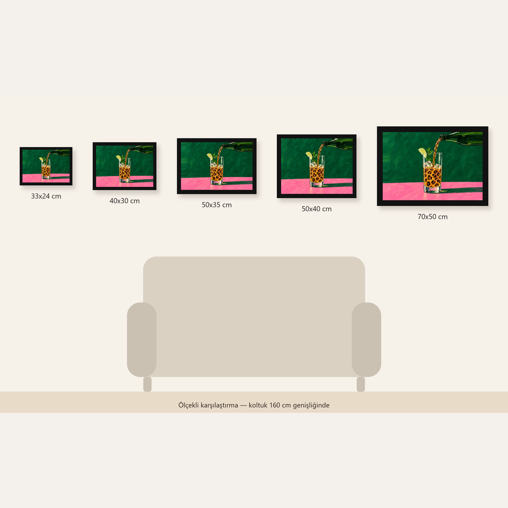 Leopar Desenli Limonlu İçecek Poster – Canlı Akrilik Sanat — Yatay ölçülerinin karşılaştırması