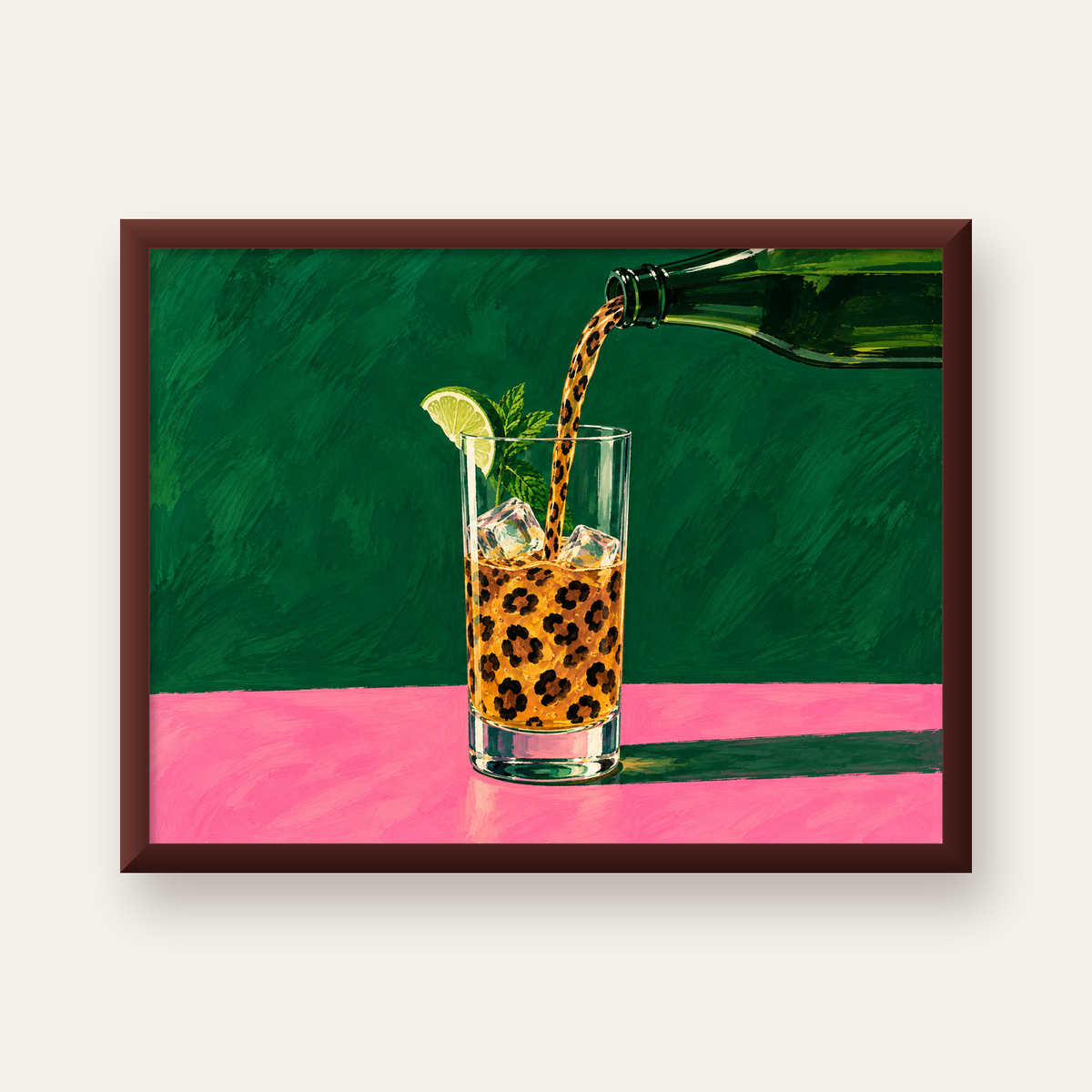 Leopar Desenli Limonlu İçecek Poster – Canlı Akrilik Sanat — ceviz çerçeveli