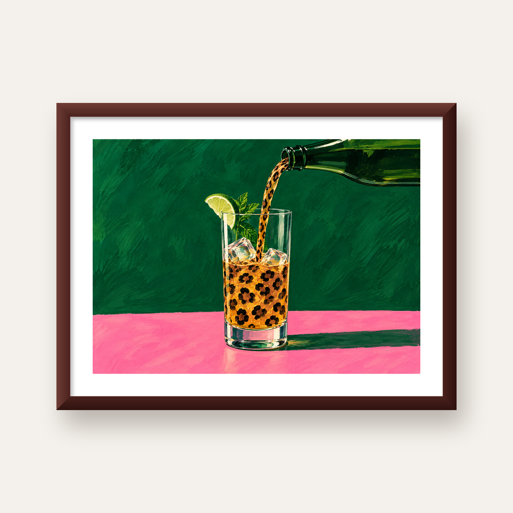Leopar Desenli Limonlu İçecek Poster – Canlı Akrilik Sanat — ceviz çerçeveli paspartulu