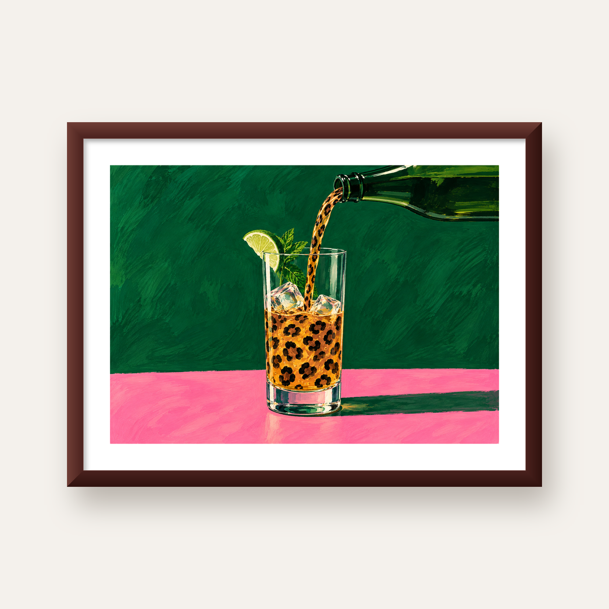 Leopar Desenli Limonlu İçecek Poster – Canlı Akrilik Sanat — ceviz çerçeveli paspartulu