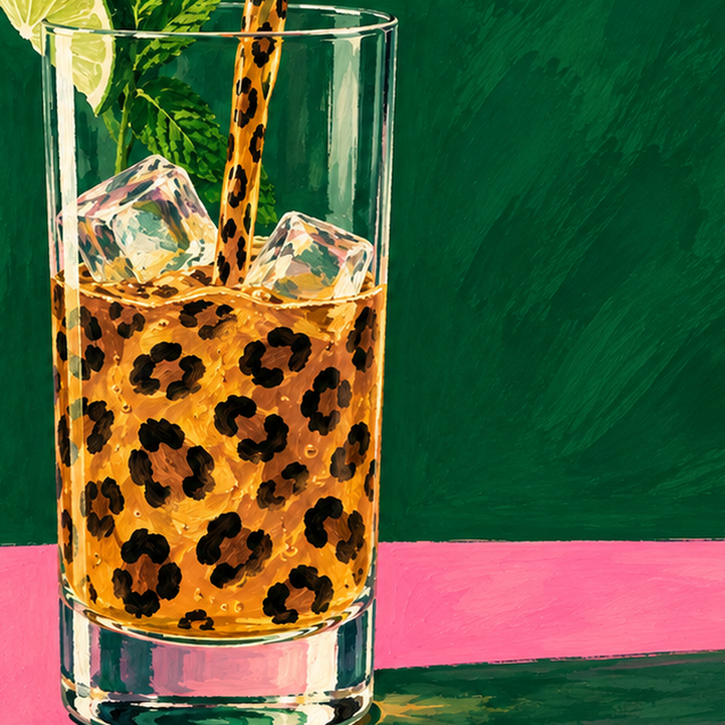 Leopar Desenli Limonlu İçecek Poster – Canlı Akrilik Sanat — baskının yakın çekimi, kâğıt dokusu ve renk detayı