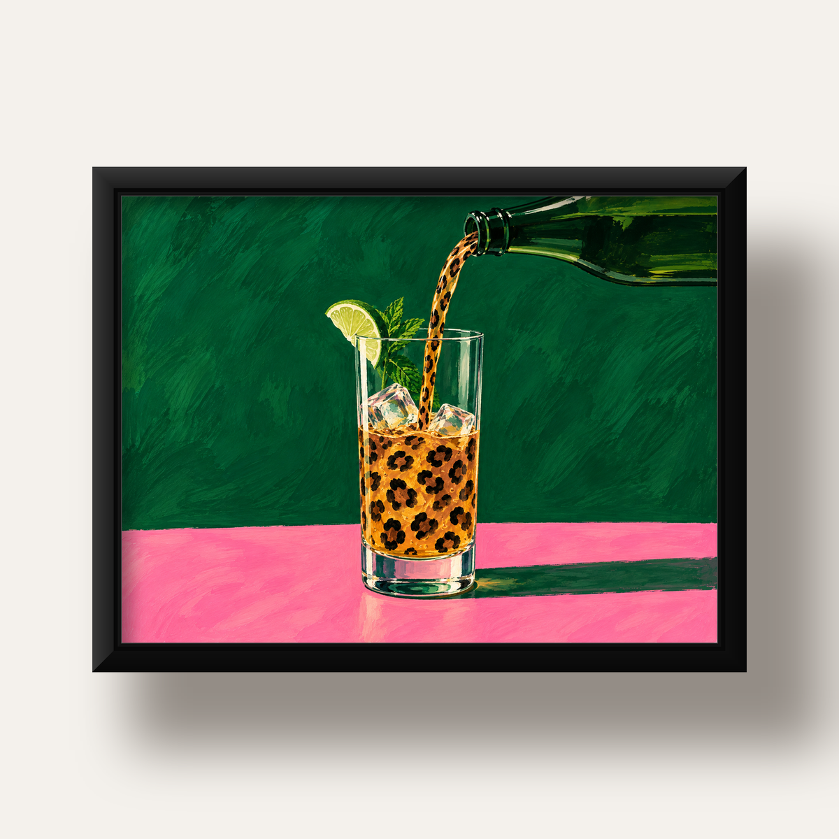 Leopar Desenli Limonlu İçecek Poster – Canlı Akrilik Sanat — siyah derin çerçeveli